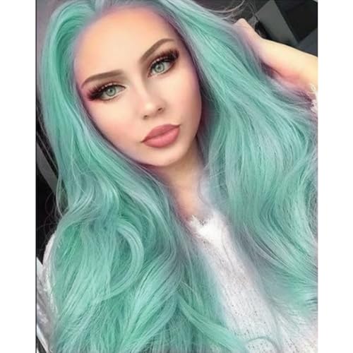 AFBeauty Blue Wig Lace Front Mint Green Synthetic Hair Long Wavy Heat Resistant Light Natural Hairline Free Part Hand Tied Lace Front Wigs for Women 24 Inches Cosplay Daily Drag