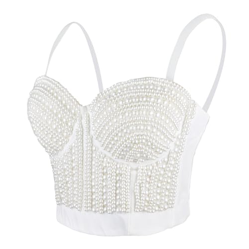 ELLACCI Woment's Pearls Beaded Bustier Crop Top Club Party Sexy Corset Top Bra White Large