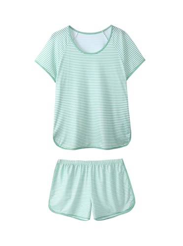 Image of Hilinker Women Striped Pajama Set Short Sleeve Top with Shorts Sleepwear Pjs 2 Piece Lounge Sets