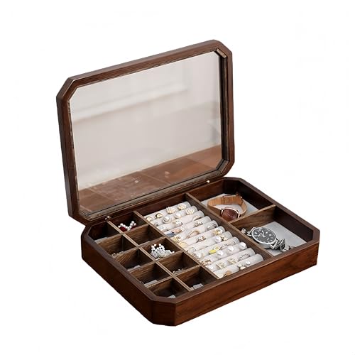 Sandqvipa木製オーガナイザー、ジュエリー、リング、イヤリング、ネックレス収納、透明な蓋、ファブリックインテリア、温かみのある色調、天然木の色、オーク、マルチコンパートメントオーガナイザー、デスクトップアクセサリー、多機能、耐久性、スタイリッシュ、装