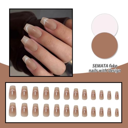SEMATA Cat Eye Acrylic Press on Nails Medium Long Square Nails Press ons Coffin Nude Blush Glue on Fake Nail with Bling Glossy Designs Reusable Artificial Stick on False Nail for Women 24Pcs — view 4