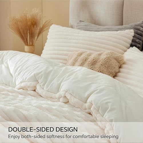 BEDELITE Fleece Oversized Queen Comforter Set -Super Soft & Warm Fluffy Cream White Bedding, Luxury Fuzzy Heavy Bed Set for Winter with 2 Pillow Cases