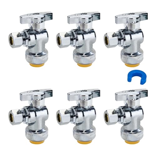 SUNGATOR 6-Pack Angle Stop Valve, Angle Water Shut Off Valve 1/2 x 3/8 Inch Compression, Toilet Water Shutoff, 1/4 Turn, No Lead Brass Push-to-Connect Plumbing Fittings for PEX Pipe, Copper, CPVC