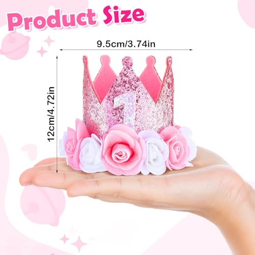 1st Birthday Crown for Girls, Pink Sprinkle First Birthday Hat, 1 Year Rose Gold Baby Girl Decoration, One Year Old Flowers Princess Outfit Felt Toddler Headband for Photo Props2