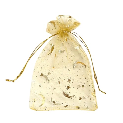 Image of YHJZ 100PCS Moon Star Organza Bags, 4x6 inches (10x15cm) Small Mesh Bags Drawstring, Jewelry Gift Pouches for Wedding, Party, Festival, Makeup Organza Favor Bags (Gold)