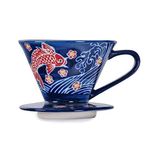 Hinomaru Collection Porcelain 10 fl oz Pour Over Coffee Brewing Coffee Dripper Hand Painted Design Portable Daily Coffee Maker for Coffee Enthusiast & At-home Baristas (Japanese Koi)