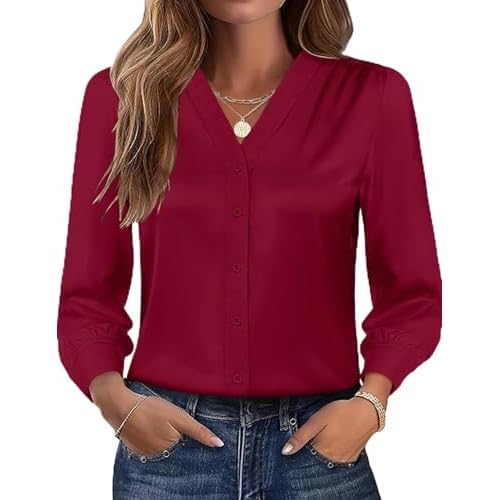 Rapbin Womens Button Down Shirts Dressy Casual Satin Silk Long Sleeve V Neck Tops Business Office Work Blouses 2025 Red Small