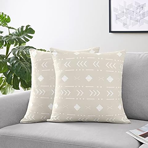 Boho Chic Bohemian Taupe and Whie Tribal Aztec Geometric Square Accent Decorative Couch Throw Pillow Cover Case Bedroom Living Room Decor Southwestern Tan Beige Neutral Farmhouse Teen Set of 2 18x18 Cover