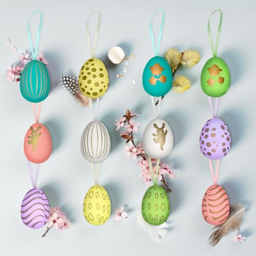Crisgus 42x Ostereier zum Aufhängen, Bunte Ostereier Plastik, Osterdeko für Draußen,Easter Egg(6 cm * 4 cm) H