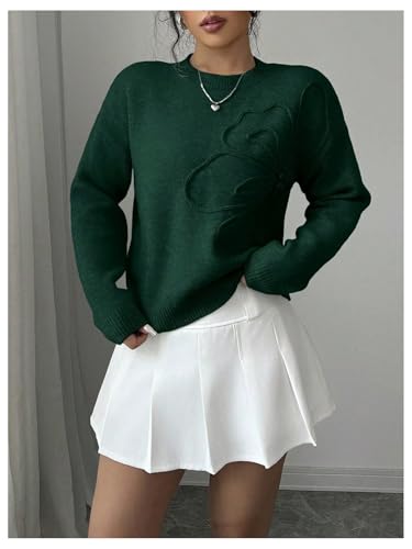 Image of RoseSeek Women's 3D Floral Appliques Crewneck Sweaters Long Sleeve Drop Shoulder Pullovers Elegant Knit Tops