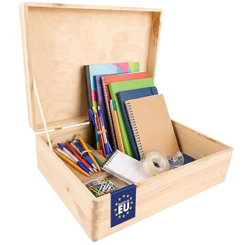 Creative Deco XL Große Holzkiste mit Deckel | 40x30x14 cm (+/-1cm) | Erinnerungsbox Baby Holzbox mit Deckel Unlackiert Kasten | Für Dokumente, Spielzeug, Ostern | ROH, UNGESCHLIFFEN