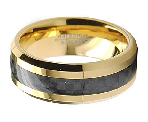 8MM Men's Goldtone Plated Tungsten Carbide Ring Wedding Band W/Black Carbon Fiber Inaly Sizes 7 to 153