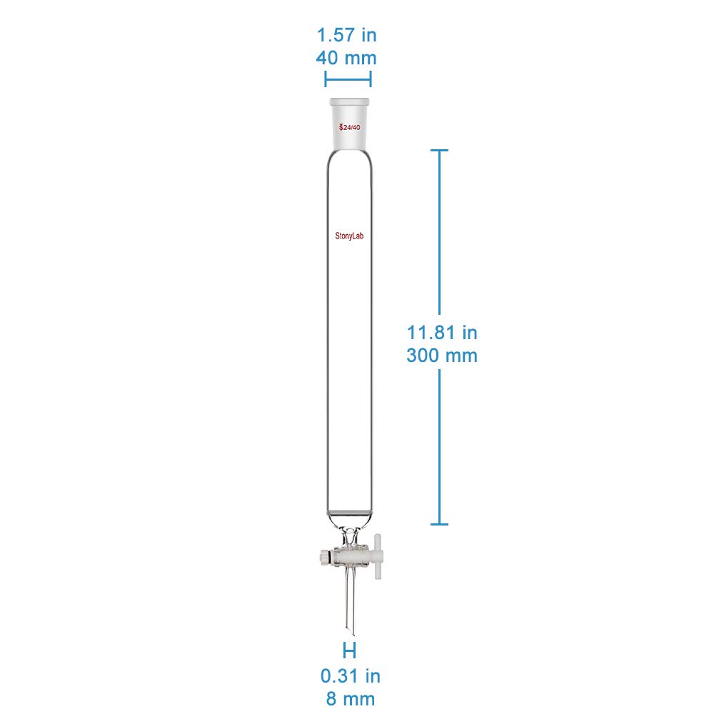 stonylab Colonne de Chromatographie en Verre Borosilicate, Chromatography Column 24/40 Joint avec Disque Fritté et Robinet en PTFE, Longueur Effective de 300 mm et Colonne de 40 mm O.D