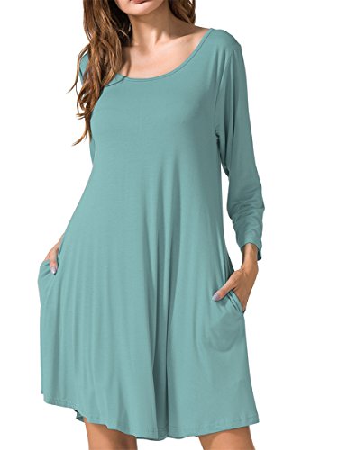 JollieLovin Fall Dresses for Women 3/4 Sleeve Plus Size Tshirt Dresses with Pockets Casual Swing Long Sleeve Dresses Loose Fit Winter Dresses Grayish Green 1X