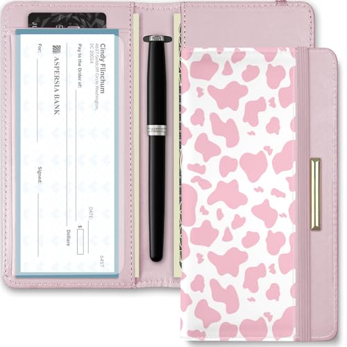 Image of Letter Checkbook Cover, RFID Blocking Checkbook, Stylish, Lightweight, Slim Durable, Multi-Functional Checkbook Holder for Personal and Business Checks (Cow-Pink)