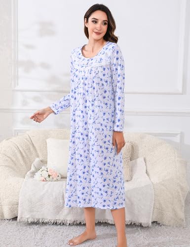 Image of IZZY + TOBY Nightgowns for Women Long Sleeve Soft Cotton Long Warm Nightdress Kintted Night Gown