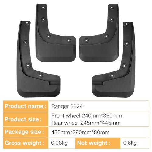 Image of Mud Flaps Tire Splash Guards for 2024 2025 Ford Ranger Accessories Heavy Duty Front and Rear Mud Flaps fit Ranger XL, XLT, Lariat (Won't Fit Raptor)