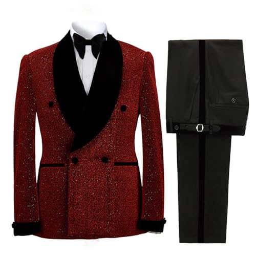 Men's Prom Suit 2 Pieces Tuxedo Shiny Blazer Velvet Shawl Lapel Jacket Pants Set for Homecoming,Wedding Party,Dinner4