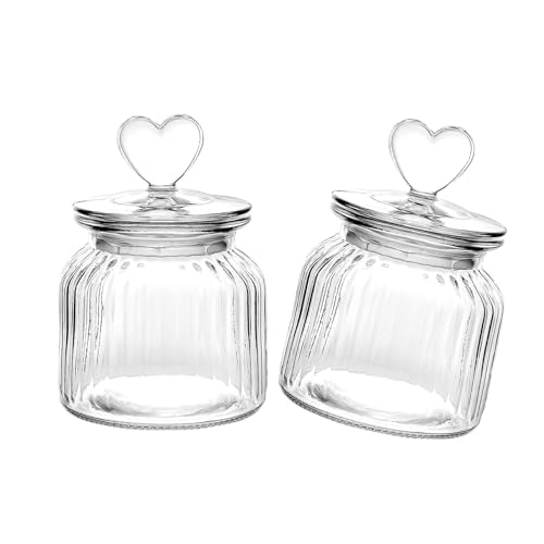 FHGSPQWM Par de tarros decorativos de cristal con parte superior de corazón de 650 ml, dispensador de aperitivos con textura vertical para suministros de horneado en el hogar, tiras verticales, tarro