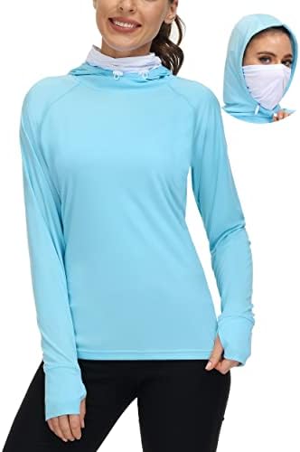 Women's UPF 50+ UV Sun Protection Hoodie Shirt with Mesh Face Mask - Outdoor Long Sleeve Thumb Holes Athletic Diving Rash Guard for Hiking Fishing Running