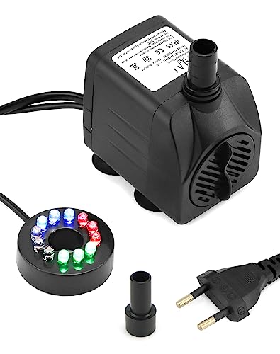 QWORK® Mini Wasserpumpe, 800L/H, 15W, zimmerbrunnenpumpe mit beleuchtung, mit 4 Wechselnden Farben, für Aquarium, Teich, Brunnen,