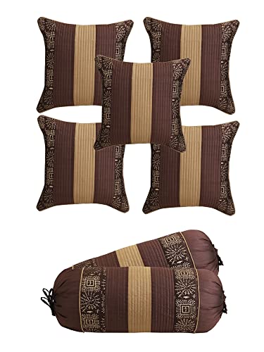 Image of Gifts Island Combo Silk Traditional Striped & Rajasthani Warli Golden Hand Printed Pillow Cushion Covers 16x16 inches Set of 5 & Round Pillow Bolster Covers Set of 2 16x32 inches (Brown)