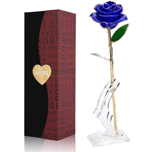 ENJOYPRO Gold Rose Real Rose Dipped in 24K Gold Preserved Rose Flower Golden Dipped Rose (Blue)