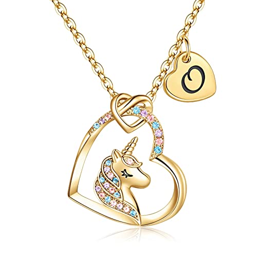 Hidepoo Unicorn Necklace for Teen Girls, 14K Gold Plated Initial O Pendant Unicorn Necklace Unicorns Gifts for Girls Heart Pendant Unicorn Necklace Girls Jewelry Birthday Gifts for Girls Age 6-8