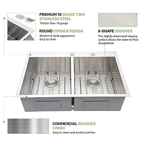 33 Inch Drop-In Sink - Beslend 33”X22”X10” Topmount Stainless Steel 16 Gauge Kitchen Sink 10 Inch Deep 50/50 Double Bowl Kitchen Sink Basin #TOP3