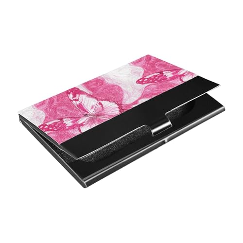 KLL Cute Butterfly Hot Pink Ultra-Thin Business Card Holder case with Leather & Stainless Steel Card case Holder for Business Meeting Use tarjetero para Hombre