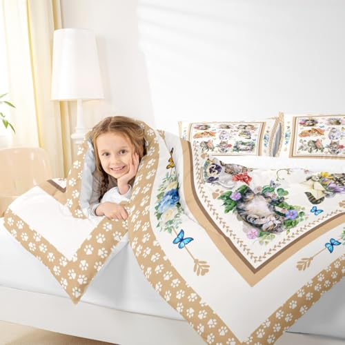 Parure de lit motif de chats mignons housse couette fleurs et papillon - 4
