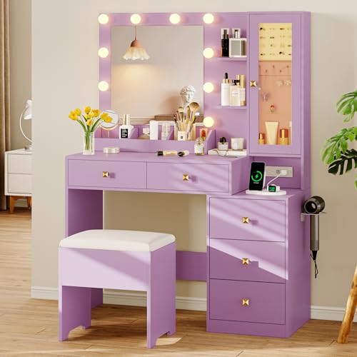 Image of Vanity Desk with Mirror and Lights, Makeup Vanity Table Set with 5 Storage Drawers, Power Outlet & Chair, Small Dressing Table with RGB Ambient Light, Adjustable Brightness for Girls Bedroom, Purple