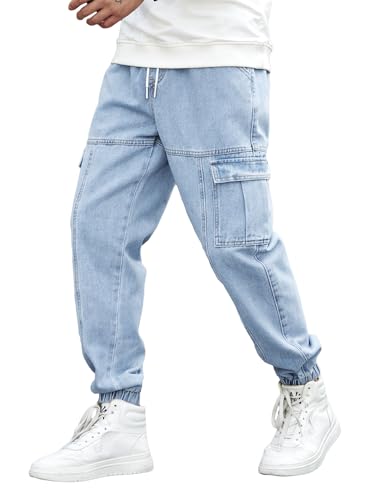 OYOANGLE Men's Drawstring Waist Flap Pocket Jogger Cargo Pants Carrot Denim Jeans with Pocket