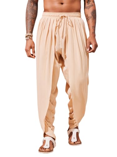 Runcati Mens Linen Harem Pants Casual Elastic Waist Pants Baggy Boho Yoga Hippie Summer Beach Kurta Dhoti Trousers Beige