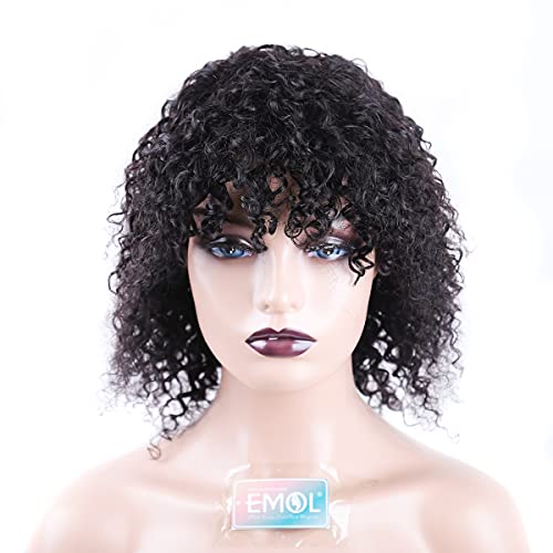 EMOL Echthaar Perücke Kurz 10 Zoll Short Curly Human Hair Wigs for Black Women Brasilianische Perücken Echthaar Damen Lockig Perücke mit Pony Natürliche Farbe Cover