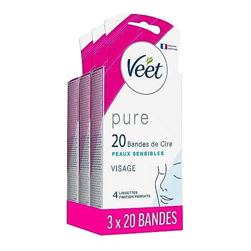 VEET Pure – 60 tiras de cera fría para la cara – Piel sensible – Recomendada por dermatólogos – Depilación duradera – 3 x 20 tiras