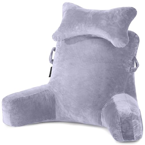 SLIGUY Almohada de Lectura, Almohada para Reposo en la Cama con Cuello Desmontable y Brazos para Sentarse en la Cama o el Respaldo, Almohada de Lectura Espalda para Adultos,Gris Claro