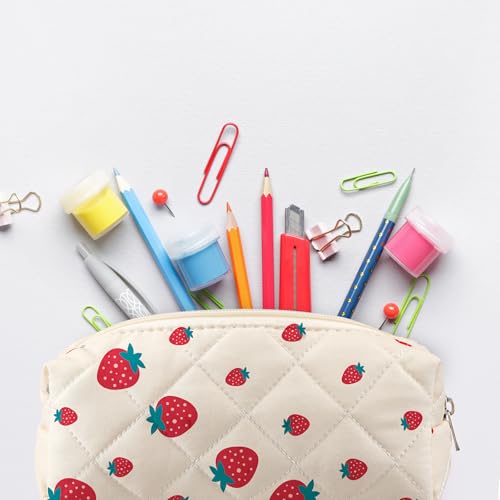 Image of Sherr Strawberry Pencil Case Cute Fruits Pencil Pouch Soft Cotton Quilted Storage Bag Aesthetic Pattern Gift Makeup Pouch Cosmetic Travel Bag for Women