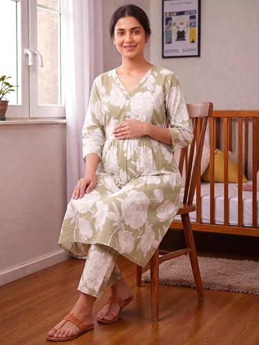 Image of RITIJYA Pure Cotton Feeding Kurta Pant Set for Women | Floral Anarkali Pregnancy Dress with Concealed Nursing Zipper Side Pocket | Pre & Post Partum | Maternity Dresses | Baby Shower Outfit