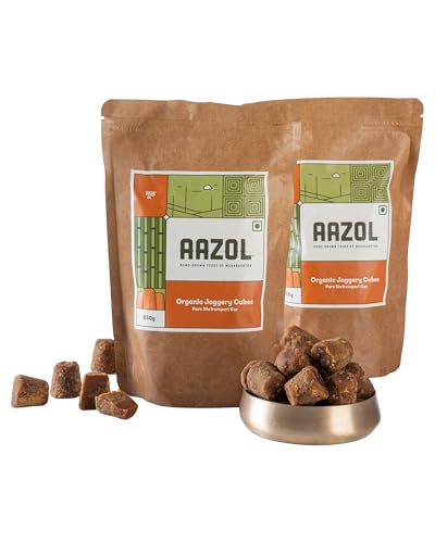 Image of Aazol Organic Jaggery Cubes: Pure Shrirampuri Gur - 1.3kg (650g - Pack of 2) | Natural & Organic | Made with Pure Desi Cow Ghee | Best Texture | Long Shelf Life