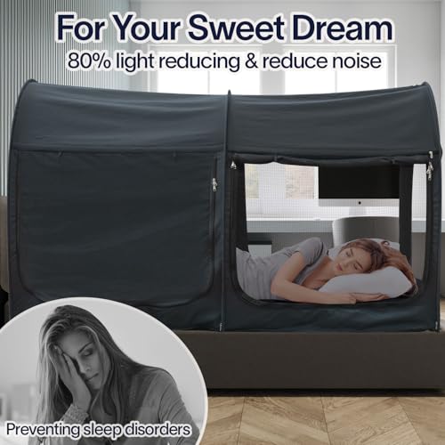 Image of Alvantor Bed Canopy Bed Tents 2-in-1 Dream Tents Privacy Space Twin Size Sleeping Tents Indoor Pop Up Portable Frame Curtains Breathable Gray Cottage Reducing Light & Air Ventilation
