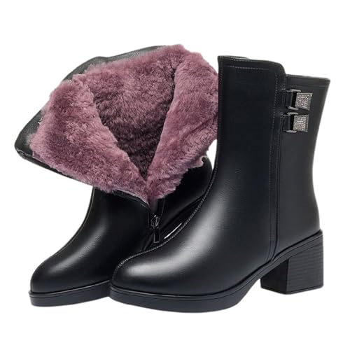 Women's Leather Soft Sole Chunky Heel Booties with Buckle Decor Round Toe Side Zipper Mid Block Heel Office Business Dress Ankle Boots