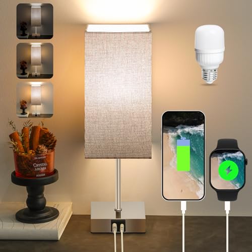 Aomeya Bedside Lamps Touch Control Table Lamp with USB A+C Charging Ports Lamps 3 Way Dimmable for Bedroom Living Room Grey Fabric Shade(Bulb Inclu
