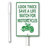 Yjiankangz 8x12 inch Look Twice Save A Life Watch For Motorcycles Yard Sign and Stake Kit, Sturdy Aluminum Sign Rust Free, Fade Resistant, Warning Signs for Property Garden Gate