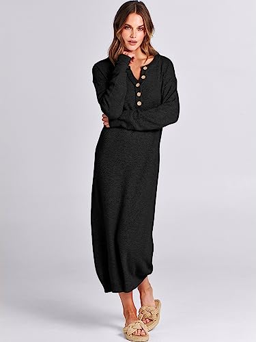 ANRABESS Women Long Sleeve Button V Neck Oversized Casual Loose Fit Waffle Knit Fall Midi Sweater Dress 2025 Trendy Outfits3
