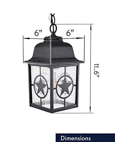 Coramdeo Country Star Outdoor Farmhouse Pendant Light For Patios, Porches, And More, E26 Standard Socket, Suitable For Damp Location, Black Powder Coat Cast Aluminum With Seedy Glass #TOP3