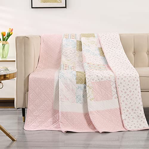 Image of KINBEDY 100% Cotton Quilts Twin Size Pink Floral Patchwork Bed Quilt Reversible Quilted Blankets Coverlets Bed Throws for Couch Sofa, 60 inchx80 inch