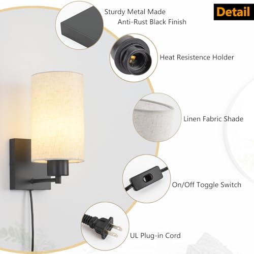 Image of KOONTING Plug in Wall Sconce Set of 2, Rustic Wall Lamp Wall Light Fixture | With Plug-in Cord and On /Off Toggle Switch, Grey Fabric Shade Wall Light for Headboard Bedroom Living Room (Circle-Linen)