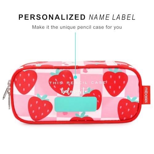 Image of mibasies Girls Pencil Case for Kids, Multi-Slot Pencil Pouch, Strawberry Checkerboard Red