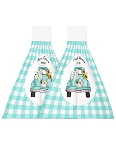 Zfuncing Hand Tie Towel Set Of 2,Teal Farm Truck Daisy Floral Gingham Check Hanging Kitchen Towels With Loop, Absorbent Tea Bar Dish Towel Fast Drying Towels For Bathroom,Pastoral Sunflower #TOP24